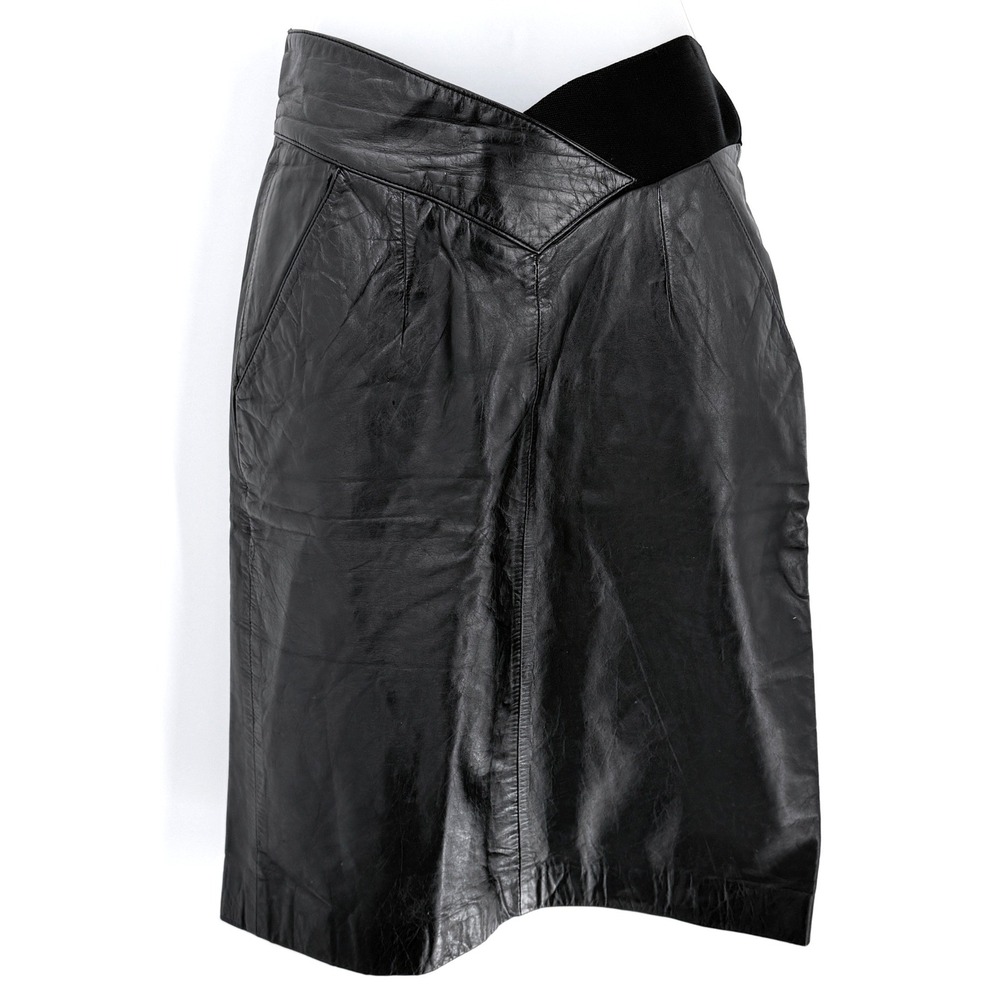 Vtg 80s Wilsons Leather Pencil Skirt Womens sz 6 Black Crossover Waist Chic glam